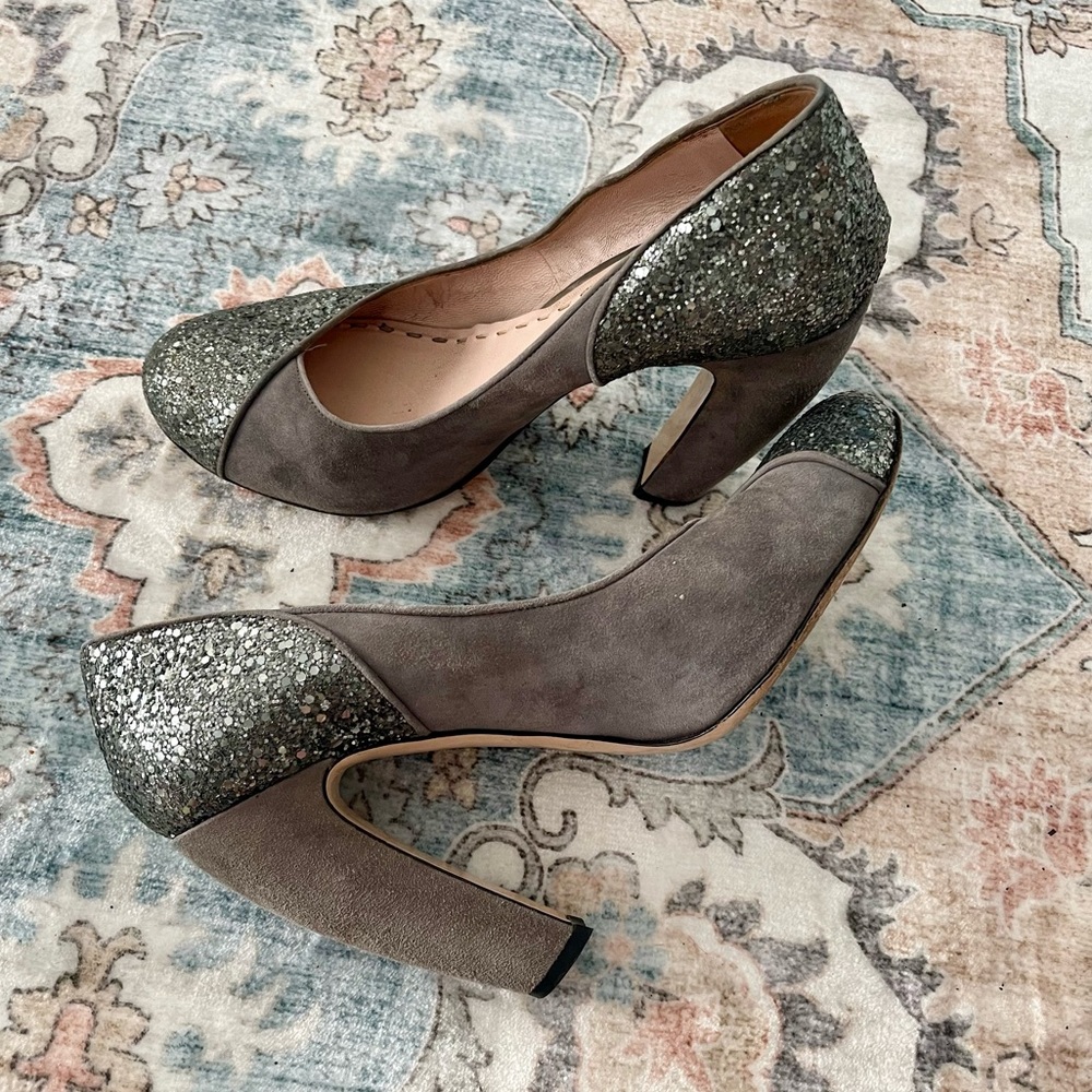 Miu Miu Maximalist Whimsical Grey Glitter Heels